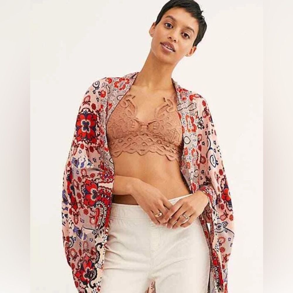 Free People Little Wing Floral Print Open-Front Kimono Cardigan in Pink and Red